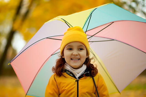 Happy cute child girl in yellow raincoat and cap walking in park or forest with colorful umbrella