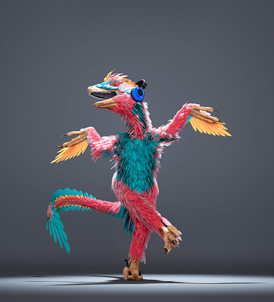 Deinonychus listens to music on headphones and dances. This is a 3d render illustration