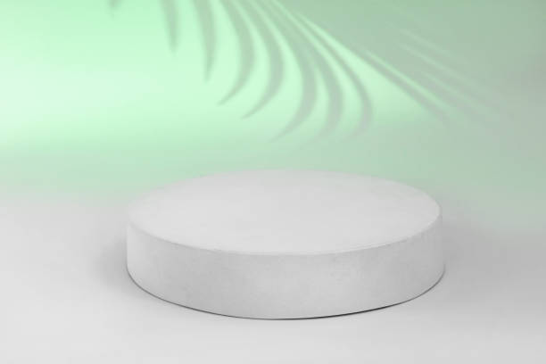 istock Podium for Cosmetics, Soap, Items Presentation. Abstract Minimal Geometric Sphere. Cylinder One Form Soft Shadow. Scene to Show Product, Object, Showcase Display Case. Palm Leaf, Green Color Ad Stand 1481420287
