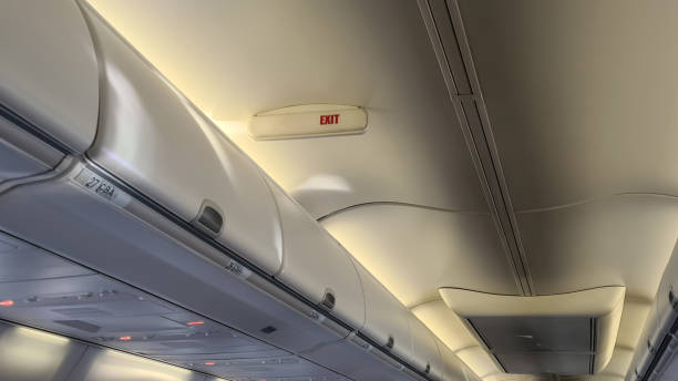 istock Exit sign in modern jet plane. Air travel safety and aircraft exit 1481422268
