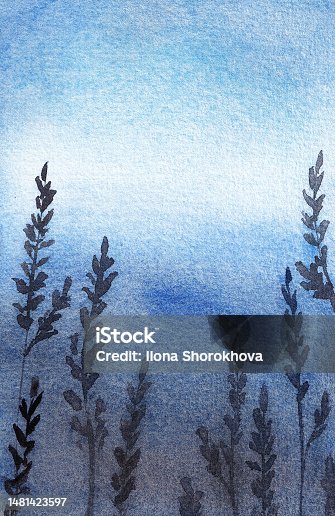 istock watercolor nature scene with blue hour sunset and back light, black grass on the foreground 1481423597