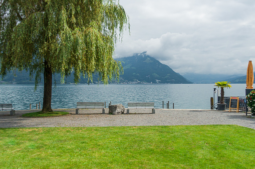 Beautiful city and lake Zug in central Switzerland, raw file shot with drone 150 meters from ground on safe and controlled flight