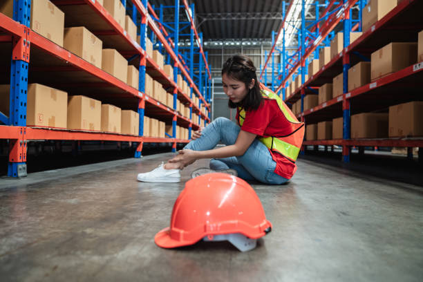 istock A female warehouse worker has an accident from falling from a height while working in a factory. 1481424135