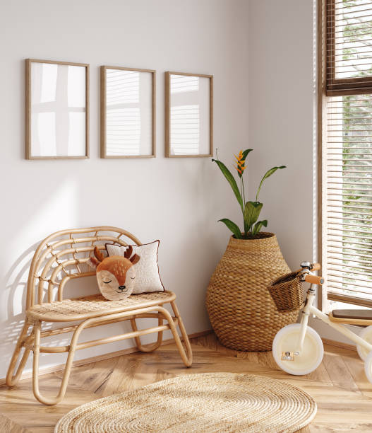 istock Mock up frame in neutral unisex children room interior background 1481424809