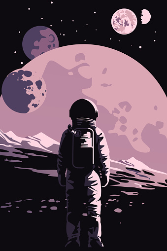 An Astronaut Standing on the Surface of Unknown Purple Planet, Looking at Its Moons