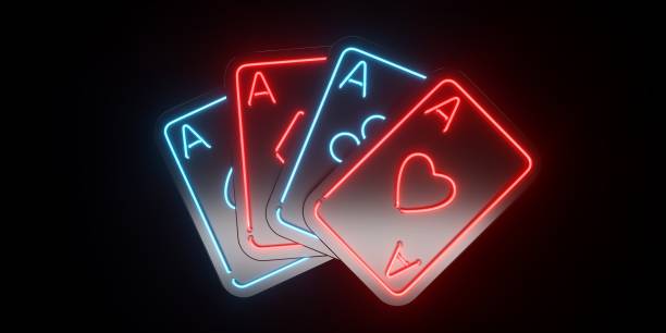 istock Futuristic Black And Red, Blue Neon Sign Four Aces Playing Cards - 3D Illustration 1481425504