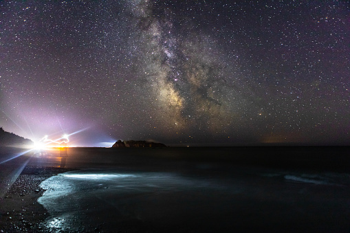 The Milky Way over Ocean Nighttime Stars Light Painting Long Exposure Light Painting. Astrophotography.