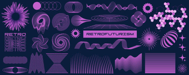 ilustrações, clipart, desenhos animados e ícones de holográfico retrofuturista ambientado no estilo cyberpunk dos anos 90. o conceito de ondas de néon, grades, donut, psicodélico holográfico. design de formas geométricas para os gêneros de discoteca, design, tecnologia, ciência, medicina, negócios. - global warming flash