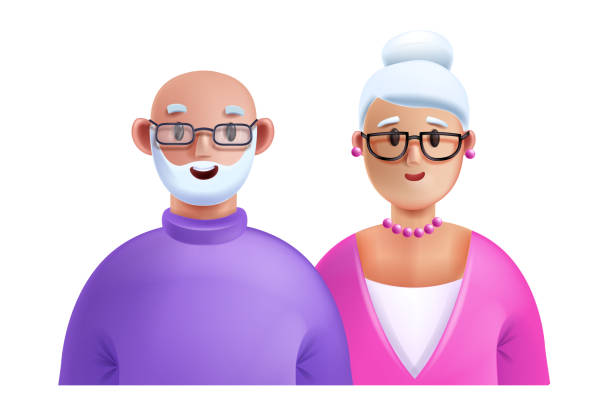 3d портрет бабушки и дедушки, векторная старая пара, пожилая женщина с мужчиной аватар лицом мультяшного персонажа. - mature adult stock illustrations