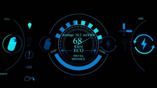 istock Digital speed meter tachometer dashboard show Miles of cars isolated on black background. 1481431843