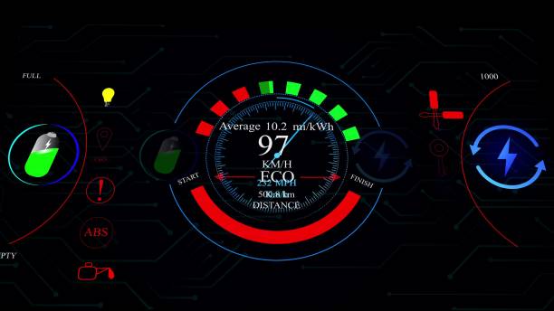 istock Digital speed meter tachometer dashboard show Miles of cars isolated on black background. 1481431849