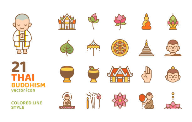 illustrazioni stock, clip art, cartoni animati e icone di tendenza di buddhismo tailandese colorato linea icona stile illustrazione vettoriale - buddhist ceremony