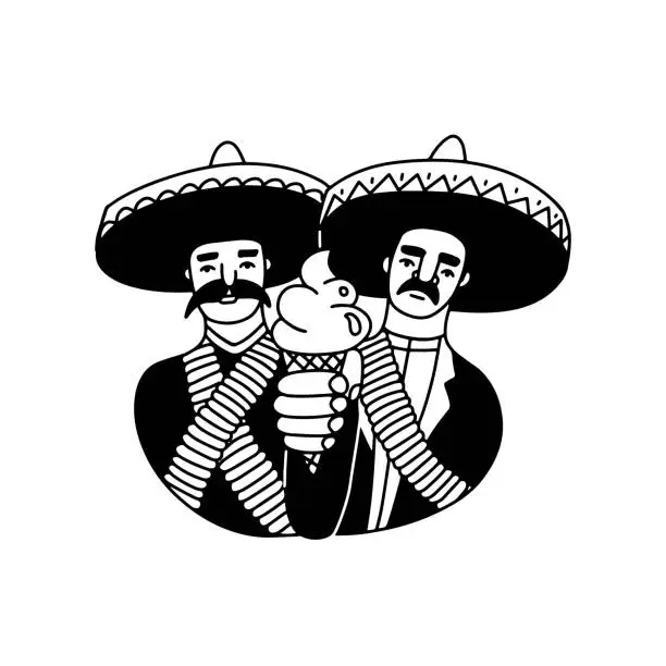 Vector illustration of Humorous Cute Mexican Desperados holding ice cream instead of gun. Isolated doodle vector Illustration in black over white. Hipster sticker.