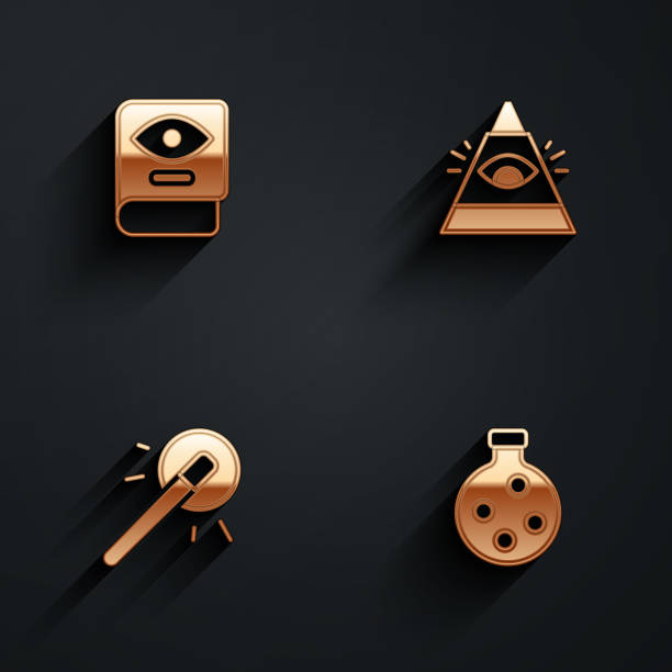 istock Set Ancient magic book, All-seeing eye of God, Magic wand and Bottle with potion icon with long shadow. Vector 1481436408