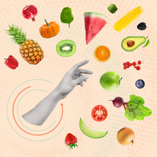 istock Creative modern art collage with  hand reaching for vegetables and fruits. 1481436599