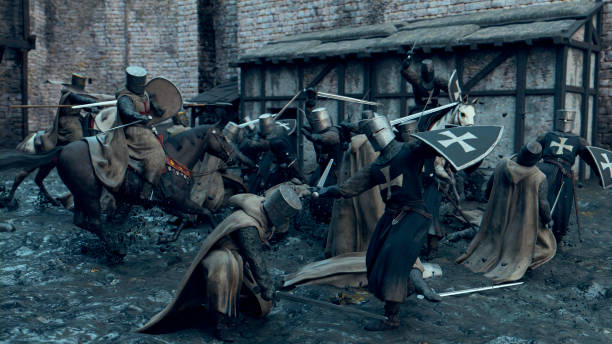 istock Knights fights with swords next to a castle 1481439547