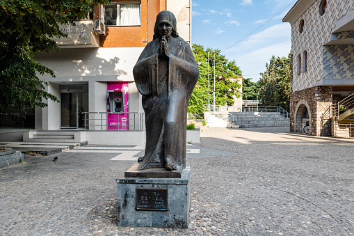 Skopje, Macedonia - June 2022: Statue of Mother Teresa in Skopje, North Macedonia. Saint Mother Teresa was born in Skopje