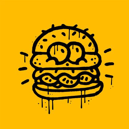 Burger character with funny face in urban graffiti style, street art element for t-shirt, sticker, or apparel merchandise. Textured hand drawn vector illustration in modern and 90s retro style