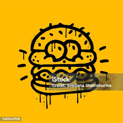 istock Burger character with funny face in urban graffiti style, street art element for t-shirt, sticker, or apparel merchandise. Textured hand drawn vector illustration in modern and 90s retro style. 1481442908