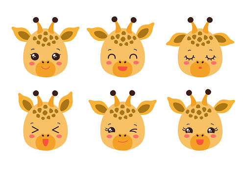 Safari animal icons. Kawaii giraffe emoji smile happy facial expressions. Cartoon animals vector signs. Kawaii anime comic style giraffe culf isolated.