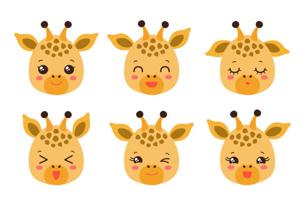 Cute giraffe emoji icon set. Messenger emoticon. Safari animal icons. Kawaii giraffe emoji smile happy facial expressions. Cartoon animals vector signs. Kawaii anime comic style giraffe culf isolated. giraffe calf stock illustrations