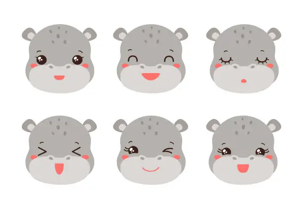 Vector illustration of Cute hippo emoji icon set. Messenger emoticon.