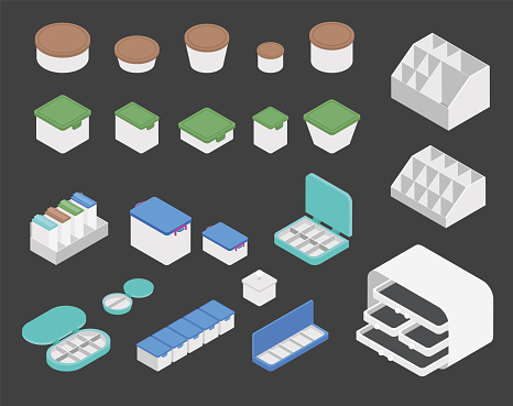 Plastic Food Containers, Medical Containers, Pill Boxes, Organizer. Isometric vector illustration.