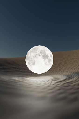 Sand dunes in a desert 3D illustration night aesthetic landscape, with clear sky, stars and a full moon