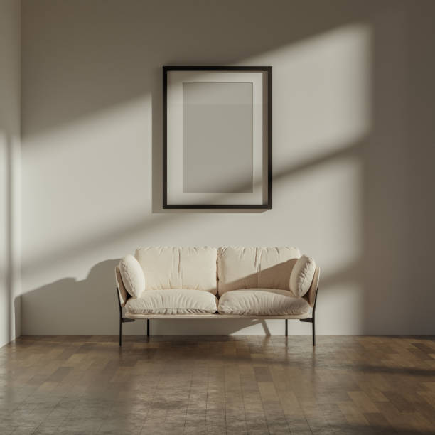 Bright living room interior with empty white poster