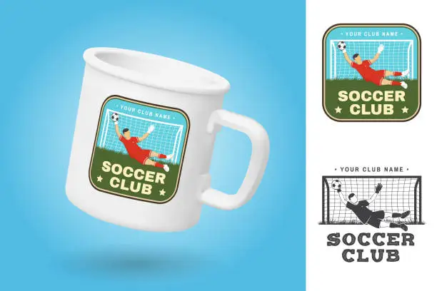 Vector illustration of White camping cup. Realistic mug mockup template with sample design. Soccer, football club patch design. Vector illustration. For football club sign, emblem. Vintage color label, sticker, patch with football goalkeeper and gate silhouettes.