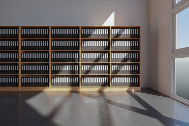 White room interior, Shelf with business documents and folders. 3D rendering
