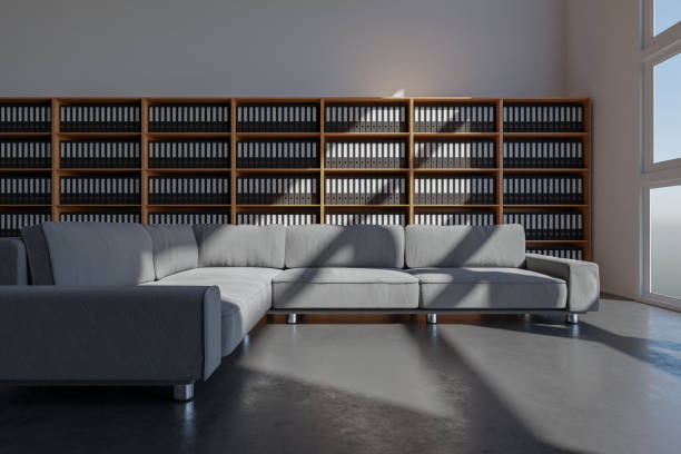 3D Rendered Room with Sofa and lights with gray walls, new room model design background