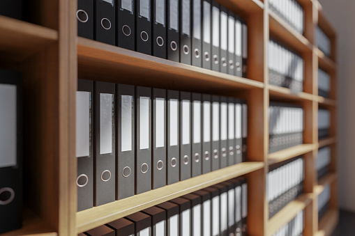 White room interior, Shelf with business documents and folders. 3D rendering