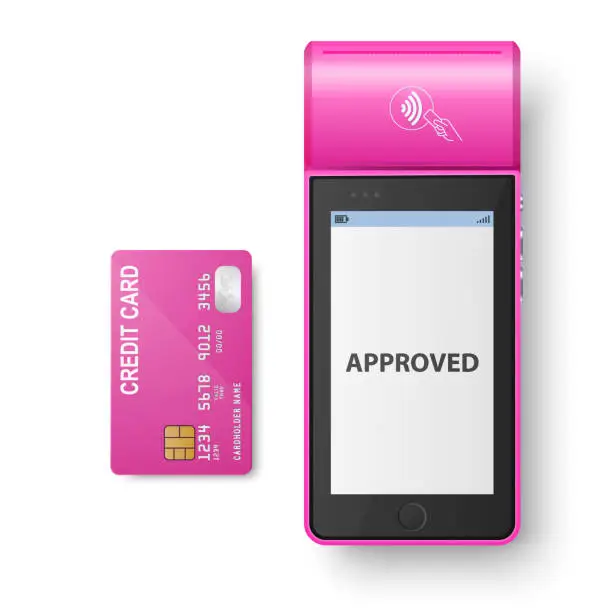 Vector illustration of Vector 3d Pink NFC Payment Machine with Approved Status and Pink Credit Card. Wi-fi, Wireless Payment. POS Terminal, Machine Design Template of Bank Payment Contactless Terminal, Mockup. Top View