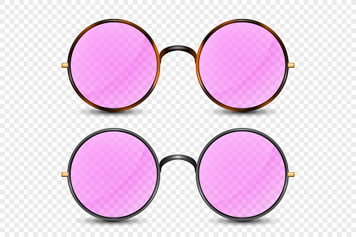 Vector 3d Realistic Frame Glasses with Pink Glass. Golden, Silver, Black Color Frame. Pink Transparent Sunglasses for Women and Men, Accessory. Optics, Lens, Vintage, Trendy Glasses. Front View.