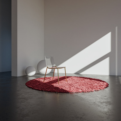 Front view on bright living room interior with empty white wall, 3d rendering