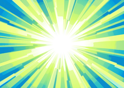 Abstract blue and bright green exploding comic starburst with halftone pattern vector illustration background