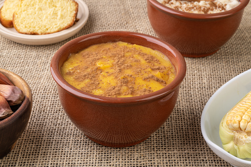 Typical brazilian june festival food over jute fabric. Festa junina.