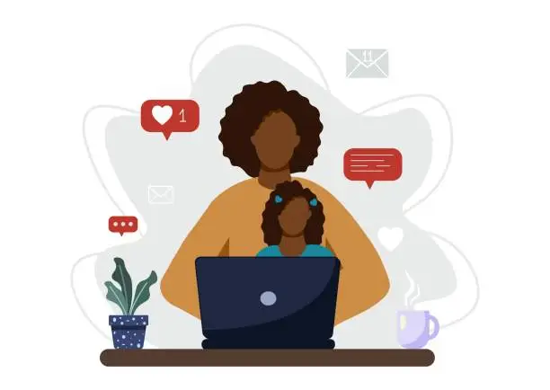 Vector illustration of Woman freelancer working from home with child. Single mom taking care of her daughter alone. Single parent family