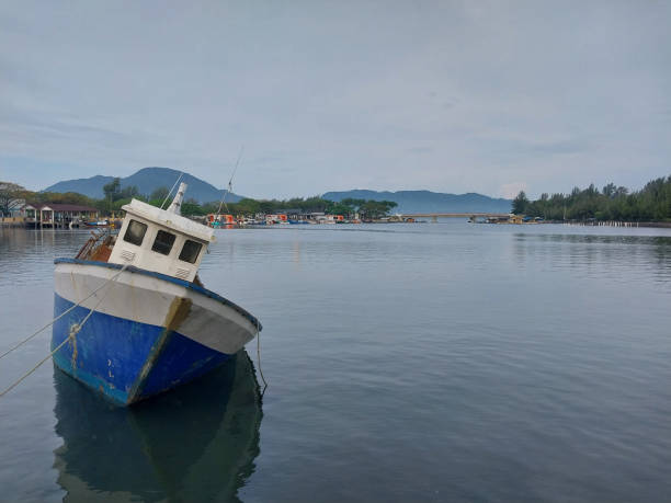 istock Abandoned Blue and White Boat Tilted on Shallow Waters in a Quiet Cove 1481453810