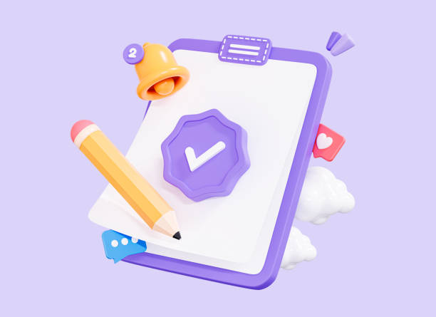 3D Clipboard with check mark. Approved document. Checklist with pencil and bell. Quality control. Business application. Cartoon creative design icon isolated on purple background. 3D Rendering
