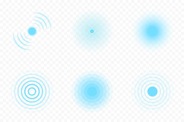 ilustrações de stock, clip art, desenhos animados e ícones de sonar wave and echo sounding symbol. sonic sonar signals, radar waves and digital pulses. collection of sonar wave icons on transparent background - blurred motion audio