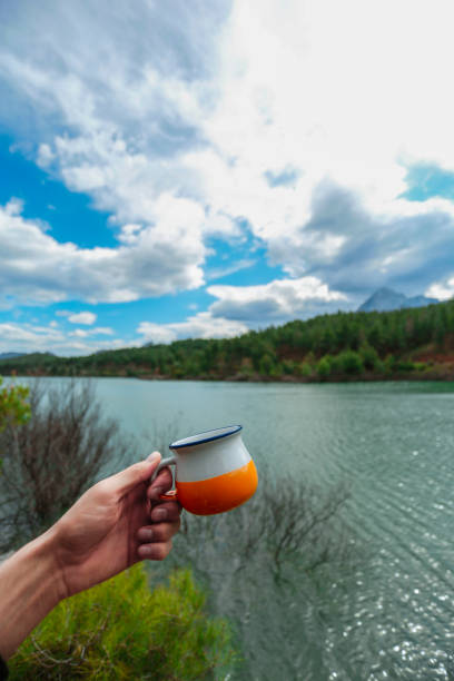lake view and coffee cup stock photo