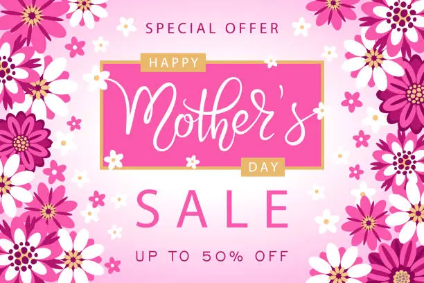 Vector illustration of Mother's Day sale banner with pink and white flowers