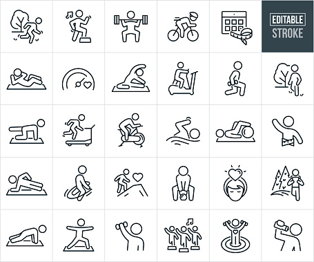 A set of exercise and fitness icons that include editable strokes or outlines using the EPS vector file. The icons include a person running outside for exercise, person doing step aerobics to music, person deadlifting weights, person getting exercise by cycling, weight loss goal on calendar, person being fit by doing sit-ups, goal meter, person doing yoga for fitness, person using cross trainer, person doing lunges while holding dumbbell, person taking a walk in the park for exercise, person doing abdominal workout on exercise map, person running on treadmill for fitness, person exercising by using a stationary bike, person swimming, person with tape measure around waist meeting exercise goal, person doing side plank on mat for fitness, person jumping rope, person lifting kettlebell wight, woman with healthy mind, person hiking, person doing pushups, person lifting weights, group of people doing aerobics in class, person meeting fitness goals and a person taking a drink from a water bottle during exercise.
