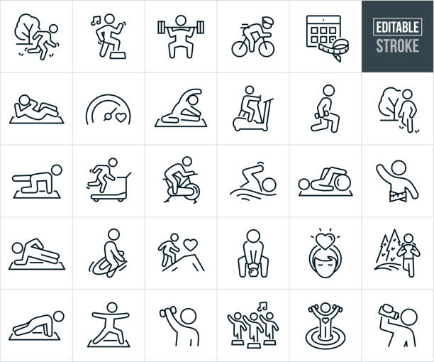 Exercise And Fitness Thin Line Icons - Editable Stroke A set of exercise and fitness icons that include editable strokes or outlines using the EPS vector file. The icons include a person running outside for exercise, person doing step aerobics to music, person deadlifting weights, person getting exercise by cycling, weight loss goal on calendar, person being fit by doing sit-ups, goal meter, person doing yoga for fitness, person using cross trainer, person doing lunges while holding dumbbell, person taking a walk in the park for exercise, person doing abdominal workout on exercise map, person running on treadmill for fitness, person exercising by using a stationary bike, person swimming, person with tape measure around waist meeting exercise goal, person doing side plank on mat for fitness, person jumping rope, person lifting kettlebell wight, woman with healthy mind, person hiking, person doing pushups, person lifting weights, group of people doing aerobics in class, person meeting fitness goals and a person taking a drink from a water bottle during exercise. person stretching stock illustrations