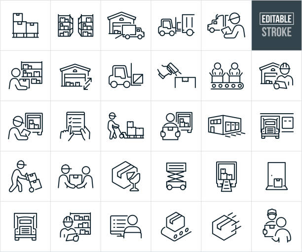 Distribution Warehouse And Order Fulfillment Thin Line Icons - Editable Stroke A set of distribution warehouse and order fulfillment icons that include editable strokes or outlines using the EPS vector file. The icons include a forklift loading a semi-truck from warehouse, warehouse shelving filled with packages, warehouse with shipping truck, palette with cardboard boxes, warehouse worker checking order fulfillment list, warehouse worker pulling packages from warehouse shelves, warehouse with packages, forklift with wood crate, scanning package during order fulfillment, warehouse workers packing boxes with product on conveyor belt in warehouse, warehouse worker doing order fulfillment, order fulfillment using a checklist on tablet PC, warehouse worker using a pallet jack to move pallet of boxes, warehouse loading docks, semi-truck at loading dock, warehouse worker using dolly to transport boxes, delivery person delivering box to customer, fragile box, warehouse equipment, semi-truck with boxes loaded in the back, package on doorstep of customer, shipping box and a delivery person delivering package to customer. storehouse stock illustrations