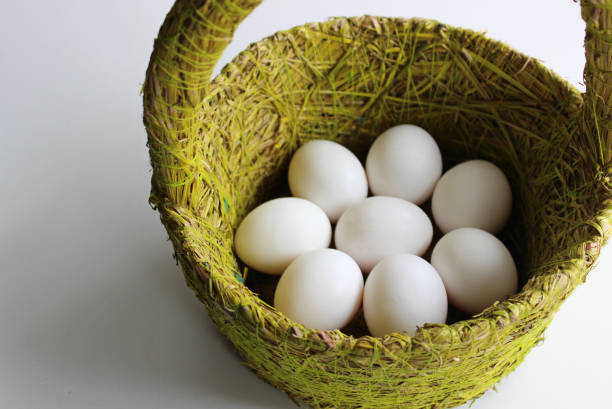 istock Eight Clear Eggs In A Basket Made From Wicker And Green Grass 1481456997