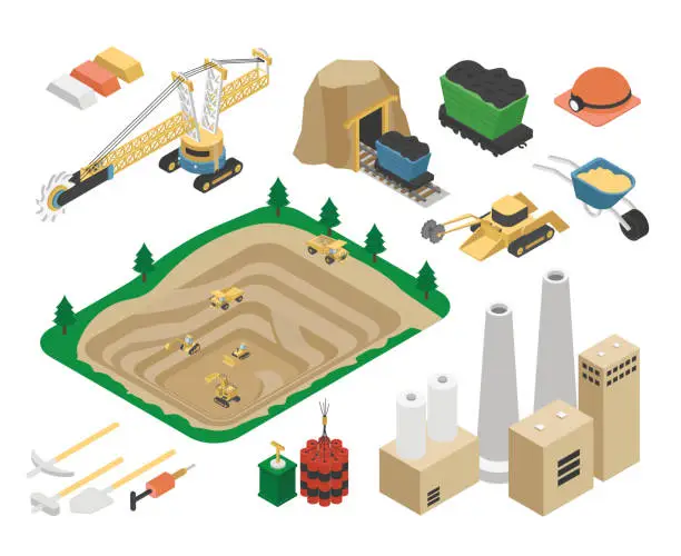 Vector illustration of Quarry and Mining Isometric Set