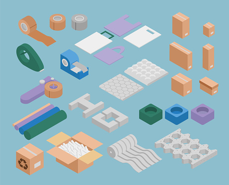 Packaging, packaging materials, protective foam, boxes, adhesive tape, bags. Isometric vector illustration.